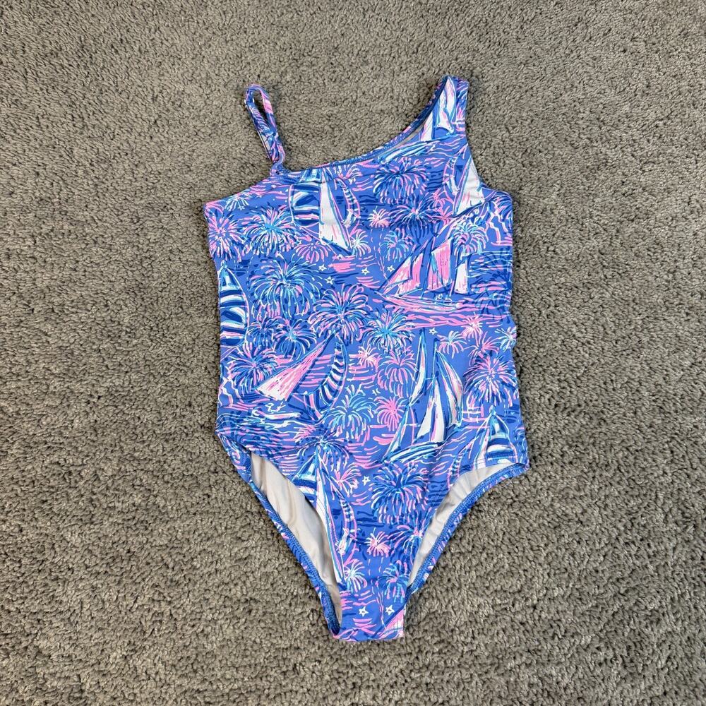 Lilly Pulitzer One Piece Girls 7 Blue Sailboat Fireworks Lined Swimsuit